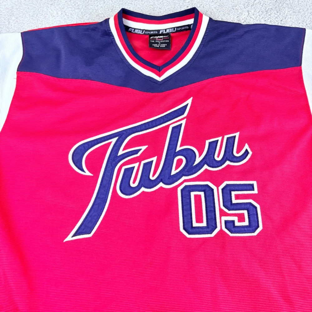 FUBU Baseball Jersey Mens L Red Blue Vintage 05 Embroidered Colorblock Hip Hop